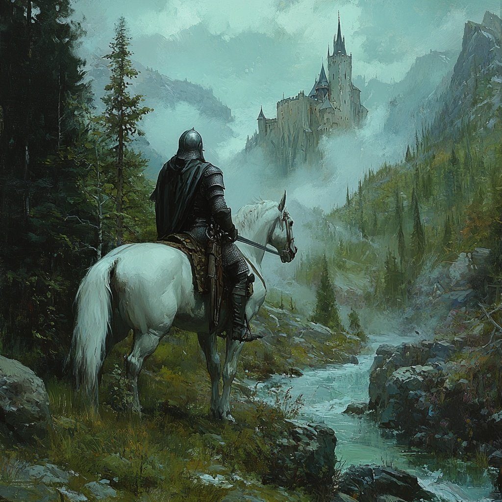 A knight in full armor on a white horse gazes at a distant castle shrouded in mist.