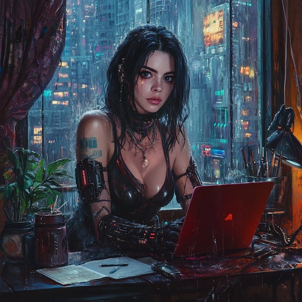 A woman with black hair and cybernetic arm implants sits at a desk with a laptop, looking at the camera, with a futuristic city skyline visible through the window.