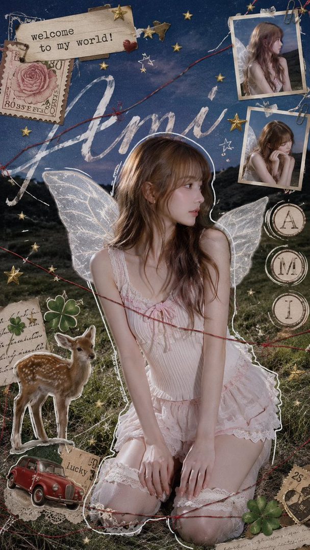 A dreamy digital collage features a woman with long brown hair and fairy wings, wearing a light pink lace dress, surrounded by vintage-style elements like stars, a deer, and old stamps.