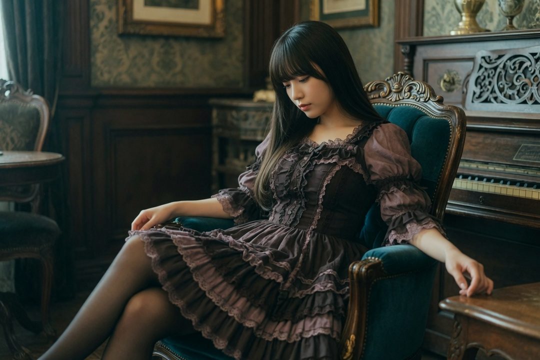 A young woman with long black hair sits in a vintage armchair, wearing a ruffled Victorian-style dress, with a piano in the background.