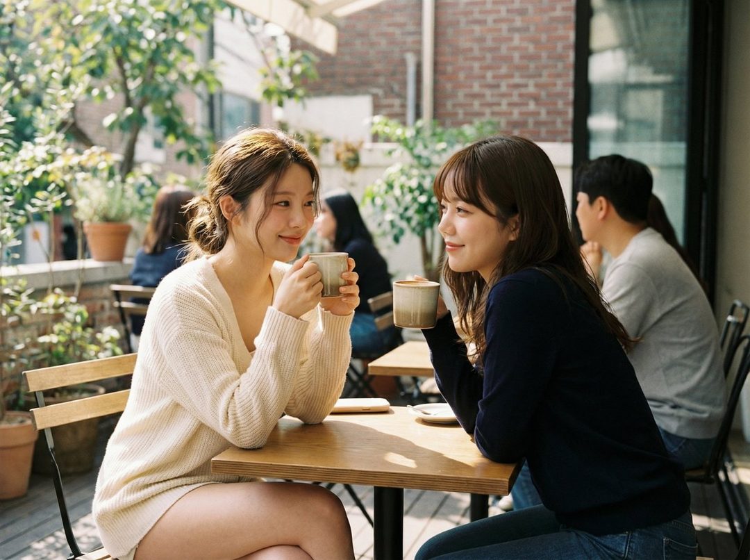 Two young East Asian women enjoying coffee together at an outdoor cafe, bathed in sunlight.