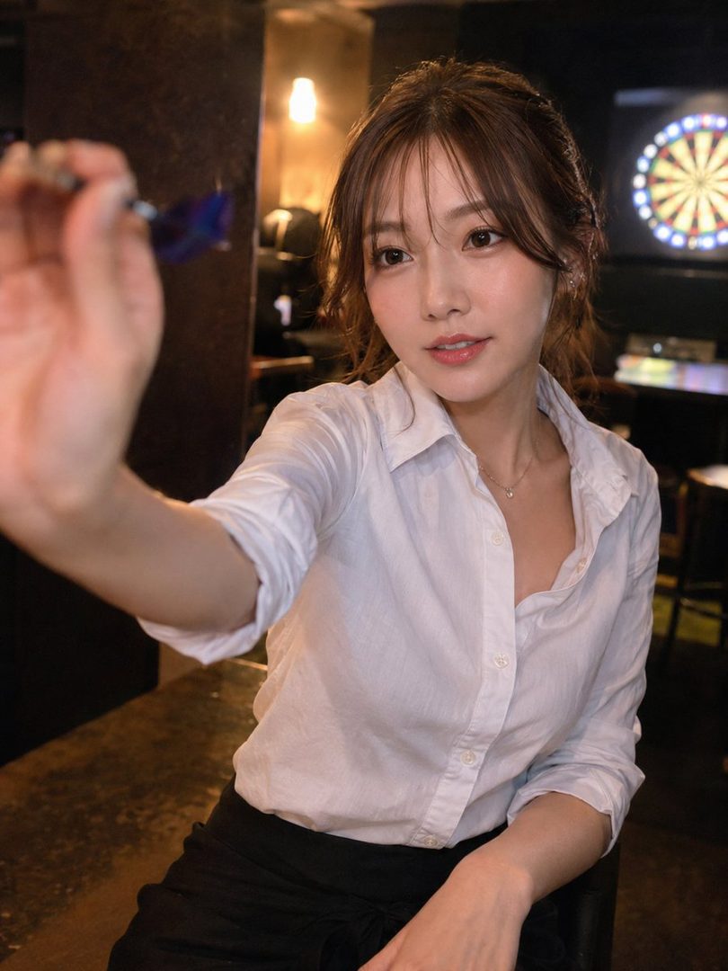 A young East Asian woman in a white shirt and black skirt holds a dart, preparing to throw it in a dimly lit bar with a dartboard in the background.