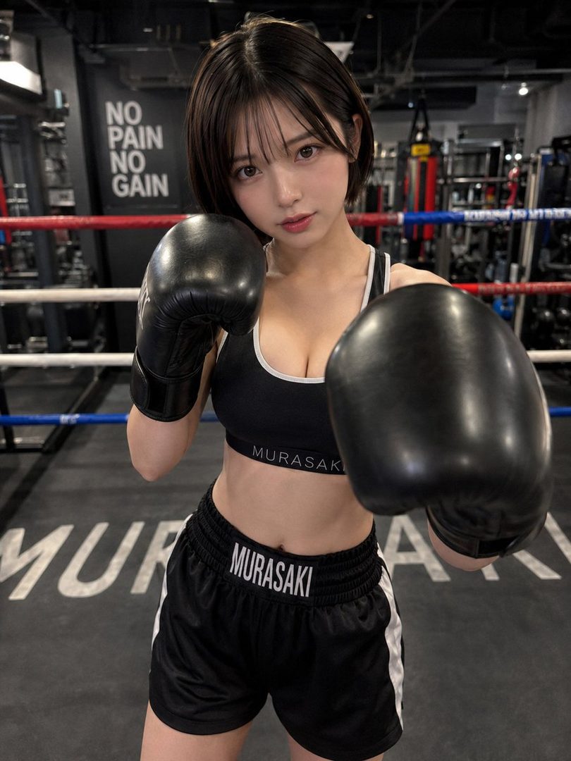 A young woman in boxing gear poses with boxing gloves in a gym.