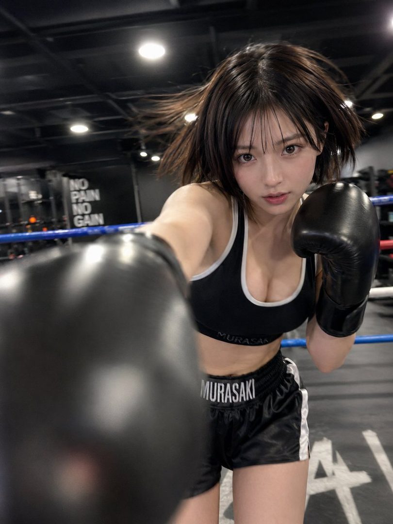 A young woman with short dark hair wearing boxing gloves and sportswear poses in a boxing ring.