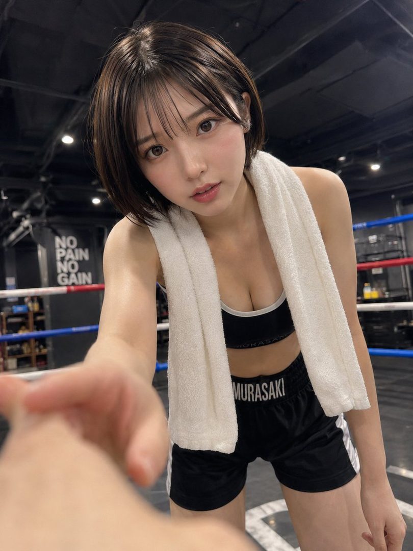 A young woman with short black hair and bangs, wearing a sports bra and shorts, with a towel around her neck, poses for a selfie in a boxing gym.