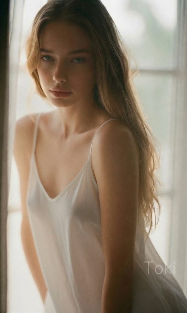 A young woman with long blonde hair, wearing a white slip, poses indoors near a window.