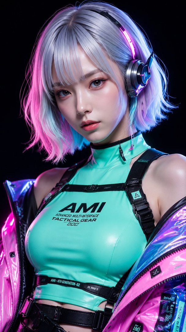 A futuristic woman with silver, pink, and blue hair wears glowing headphones and a mint green cyberpunk top with a holographic jacket.