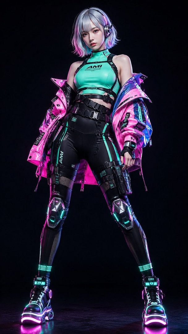 A futuristic woman with silver hair and a cyberpunk outfit featuring neon pink and green accents stands in a dark studio.