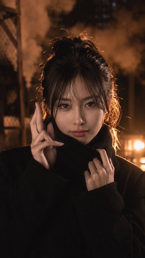 A portrait of a young East Asian woman with her hair tied up, wearing a black coat, with a soft bokeh background of city lights at night.