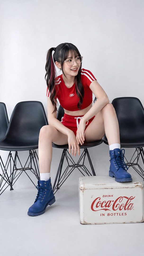A young woman with black hair and red streaks in pigtails, wearing a red crop top and shorts, blue boots, and glasses, sitting on a chair with one foot on a Coca-Cola crate in a studio setting.