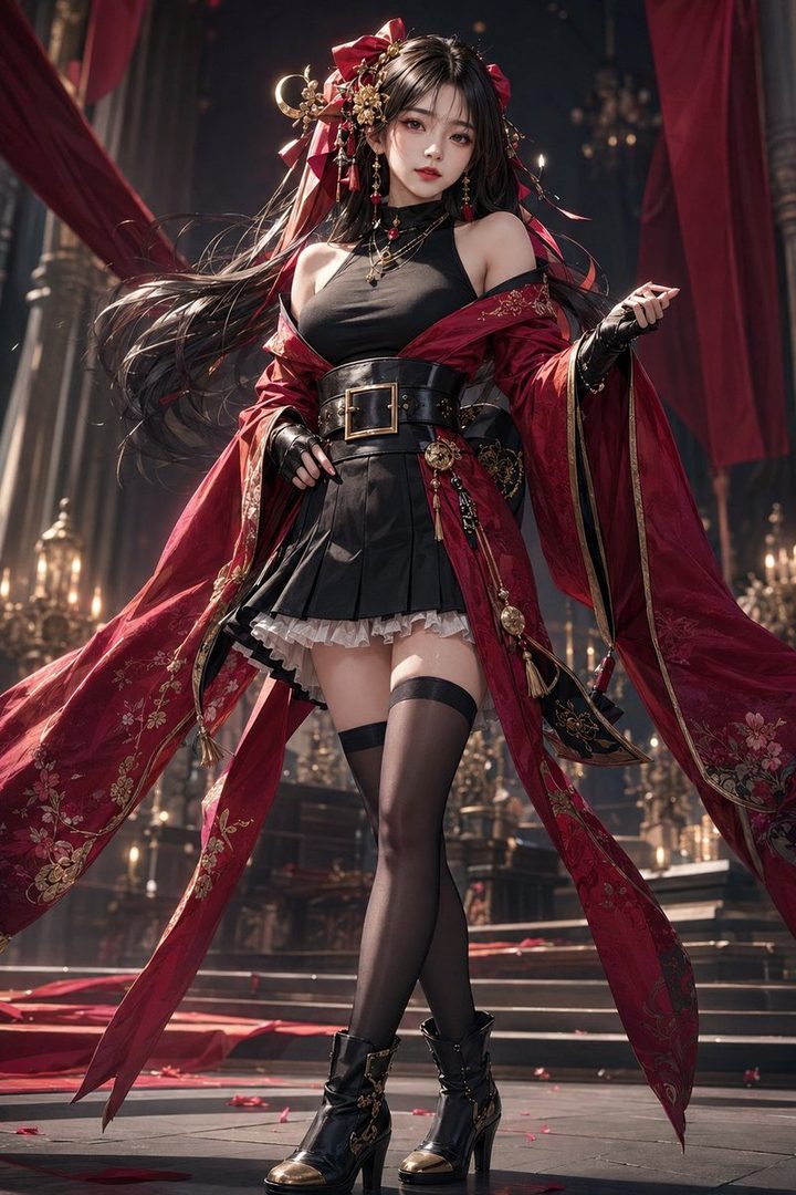 A beautiful East Asian woman with long black hair, wearing a black top, a pleated skirt, thigh-high stockings, and a red ornate kimono-style robe, posing indoors with a dramatic backdrop.