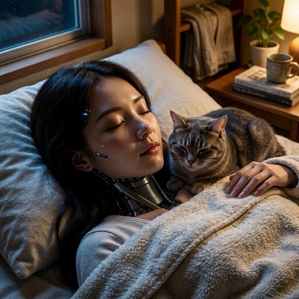 A photorealistic portrait of a young woman with cybernetic implants on her neck and face, sleeping in bed with a cat on her chest.