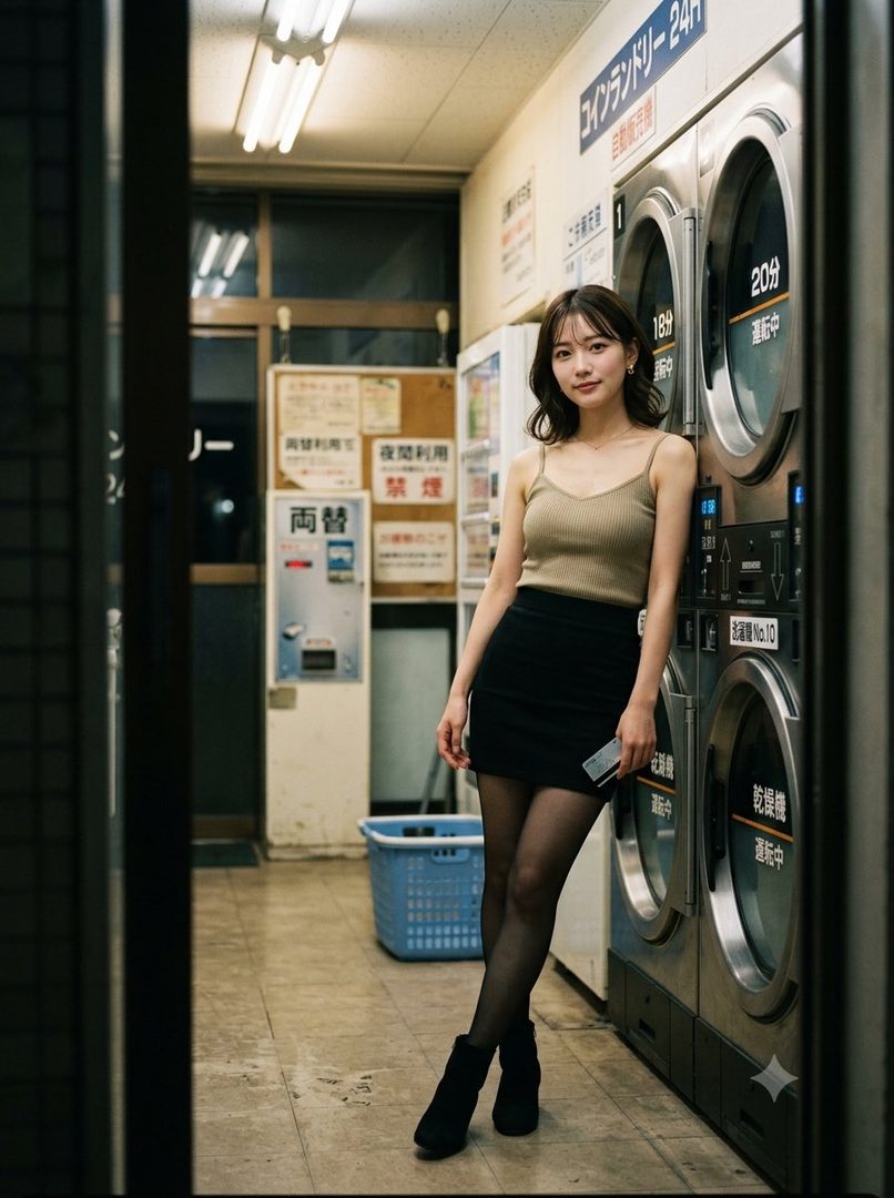 A young woman with shoulder-length dark hair, wearing a beige tank top and a black mini skirt, leans against a row of washing machines in a dimly lit laundromat at night.