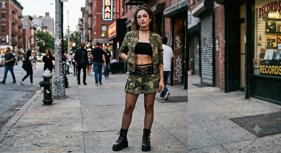 A young woman in a camouflage outfit stands on a city street, posing confidently.