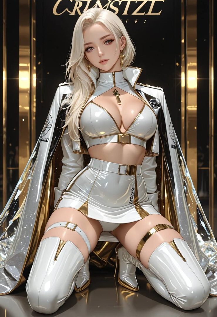 A blonde woman in a white and gold racing queen outfit, kneeling indoors.