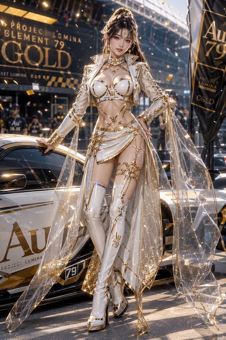 A beautiful AI-generated woman in a white and gold racing-themed outfit stands next to a sports car, with confetti falling around her.
