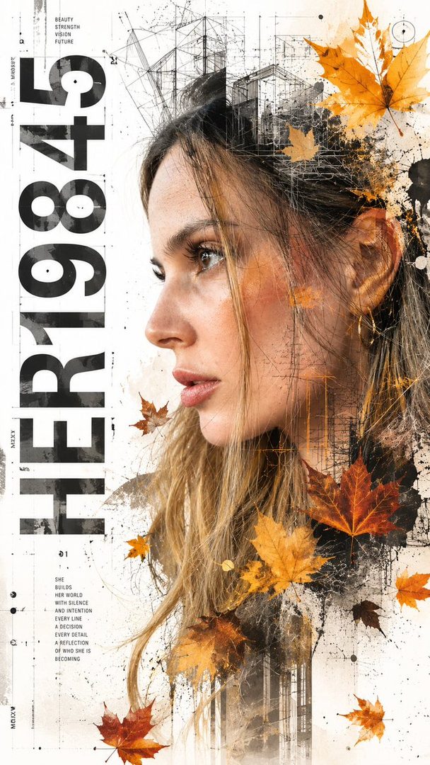 Portrait of a woman with blonde hair, looking to the side, with artistic elements of architectural sketches and autumn leaves.