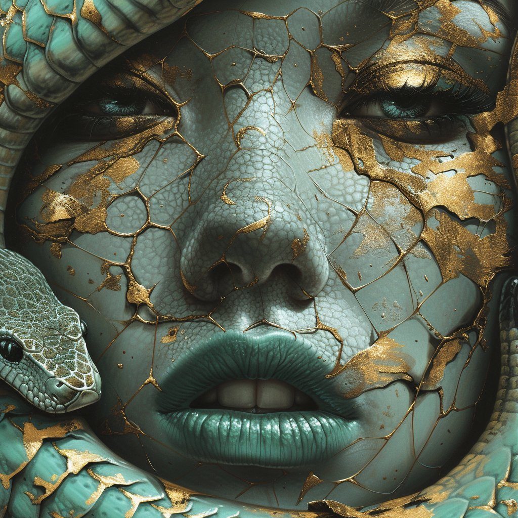 A close-up portrait of a woman's face, cracked like porcelain with gold leaf accents, adorned with snakes.