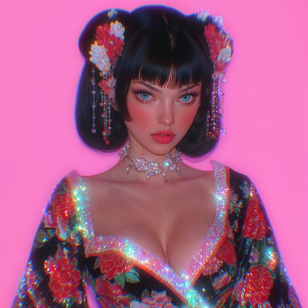A photorealistic AI portrait of a young woman with black hair styled in a traditional Japanese manner, wearing a sparkling kimono and elaborate jewelry, against a vibrant pink background.