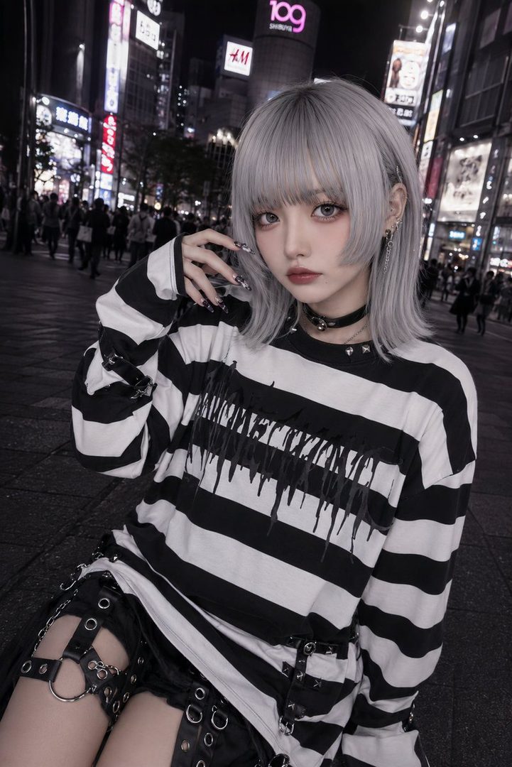 A young woman with short silver hair and bangs, wearing a black and white striped long-sleeved shirt and a black skirt with chains, poses on a city street at night.