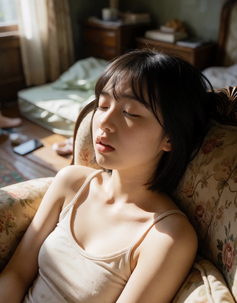 A young East Asian woman with short black hair sleeps peacefully in a vintage armchair, bathed in soft sunlight filtering through a window.