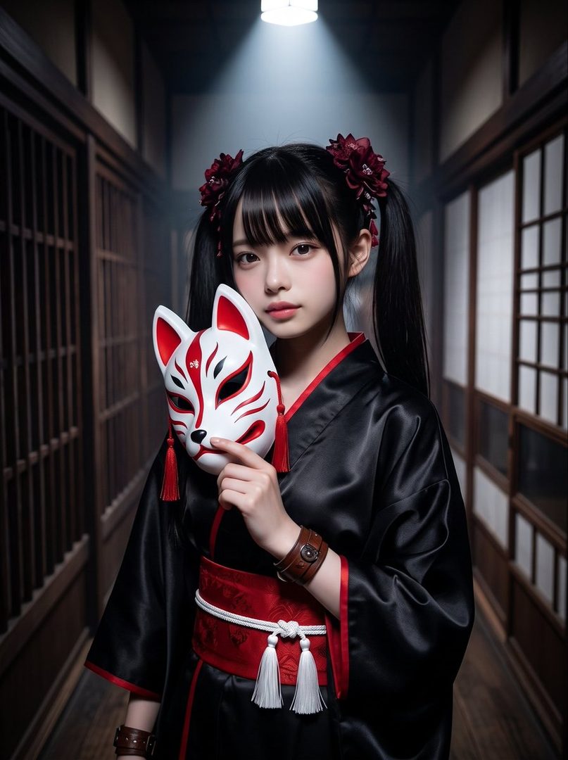 A young woman in a black and red kimono holds a Kitsune mask in a traditional Japanese hallway.