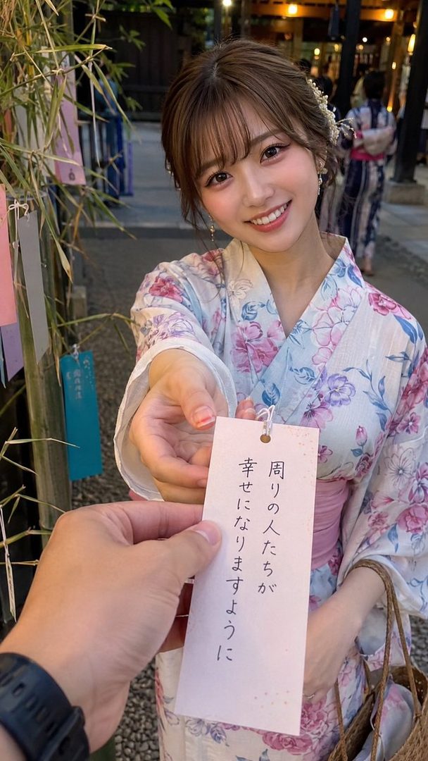 A young Japanese woman in a floral yukata smiles as she holds out a tanzaku paper with a wish written on it.