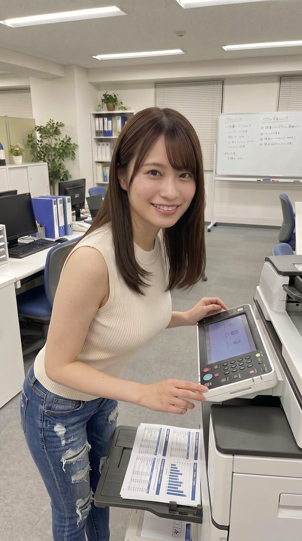 A smiling young woman with long brown hair, wearing a cream sleeveless top and ripped jeans, stands in an office setting next to a copier.