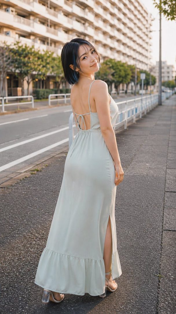 A woman with short black hair and blue highlights wears a light green maxi dress with an open back and side slit, posing on an urban street during golden hour.