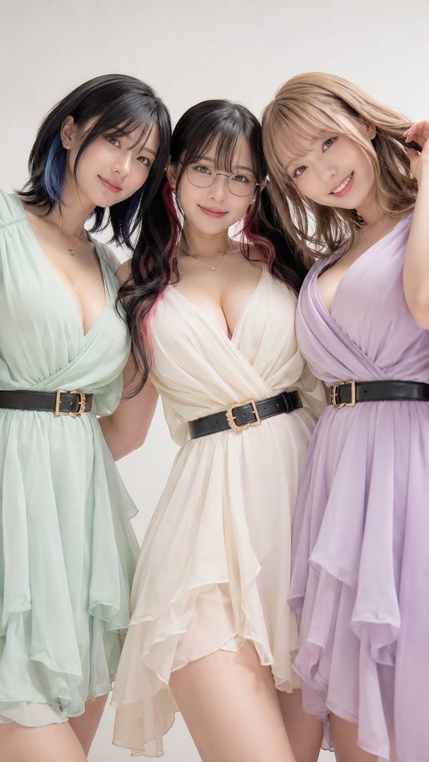 Three women in light-colored dresses with plunging necklines and black belts pose together in a studio setting.