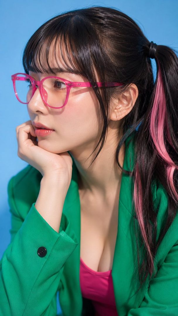 A woman with black hair and pink streaks, wearing pink glasses and a green blazer over a pink top, poses with her hand on her chin against a blue background.