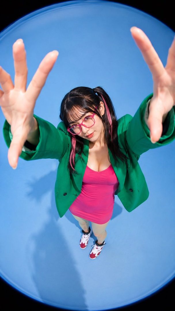 A woman with black hair and pink streaks in pigtails, wearing a green blazer, pink dress, and pink glasses, reaches out towards the camera with a fisheye lens effect against a blue background.