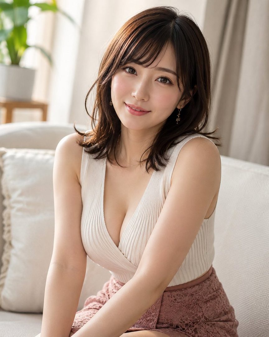 A beautiful woman with brown, wavy, medium-length hair and a white ribbed top smiles gently while sitting on a sofa indoors.