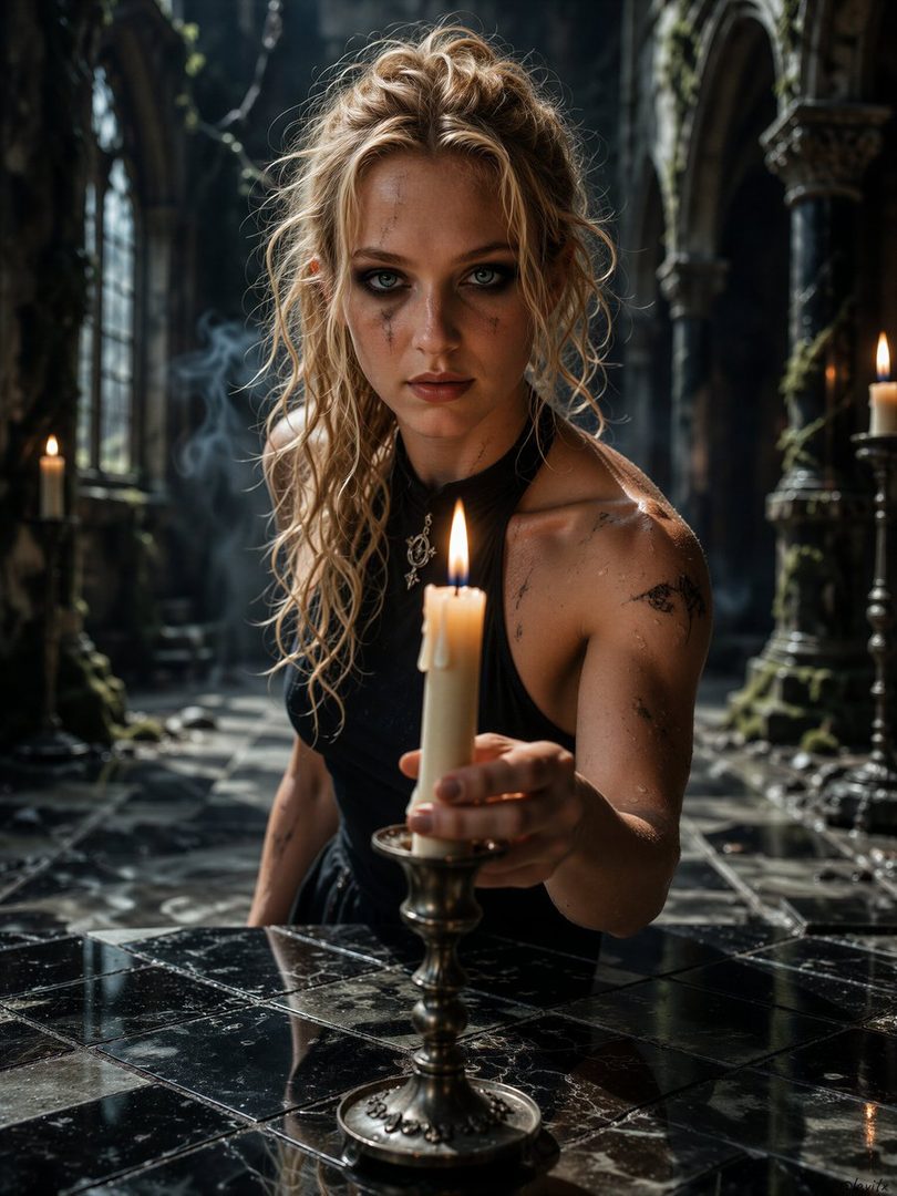 A young woman with blonde curly hair and dramatic eye makeup holds a lit candle in a dark, gothic-inspired room.