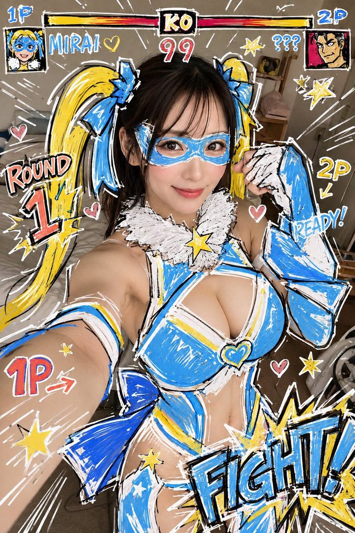 A woman cosplaying as Rainbow Mika from Street Fighter, with doodle art effects over her costume and a fighting game UI overlay.