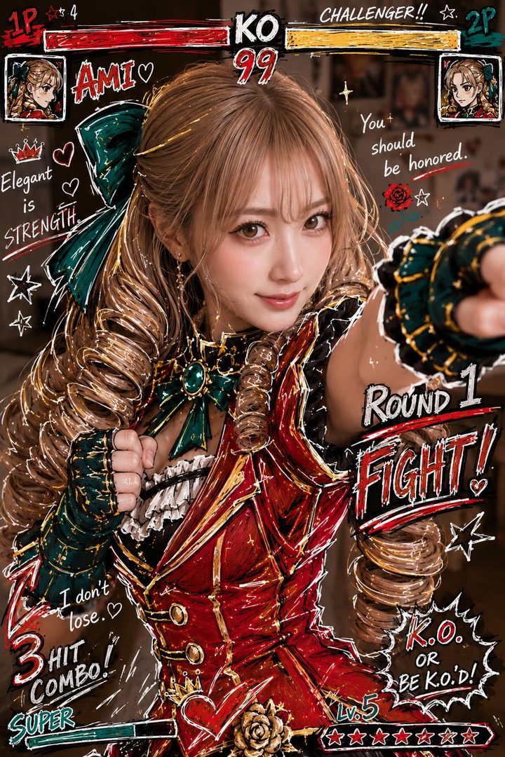 A woman cosplaying as Karin Kanzuki from Street Fighter, with a video game UI overlay, wearing a red and gold jacket and a green bow in her long blonde curly hair.