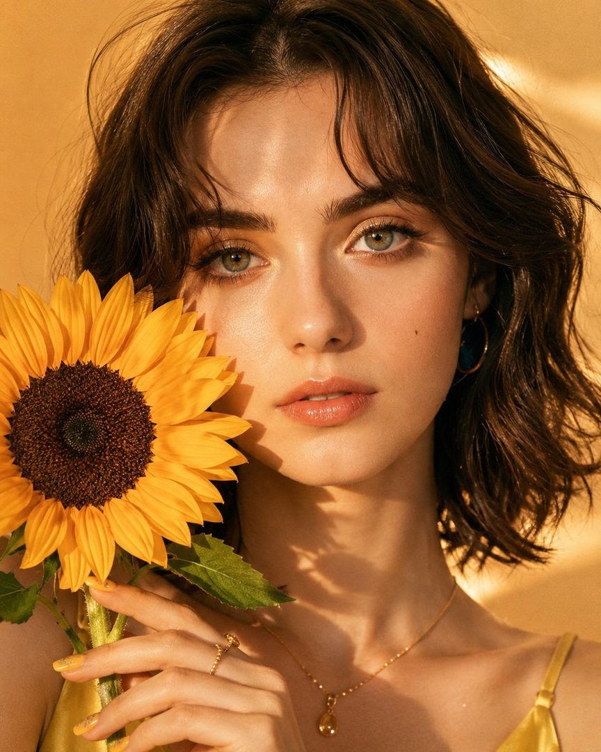 A beautiful young woman with short brown hair holds a sunflower, looking directly at the camera with a gentle expression. The image has a warm, golden-hour lighting and a soft focus background.