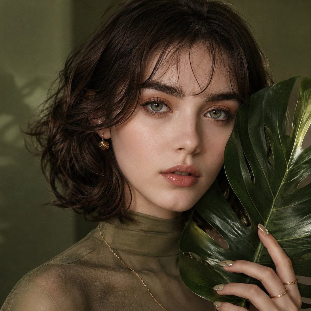 A beautiful young woman with short brown hair and striking green eyes, holding a large green leaf near her face, in a studio portrait with soft lighting.