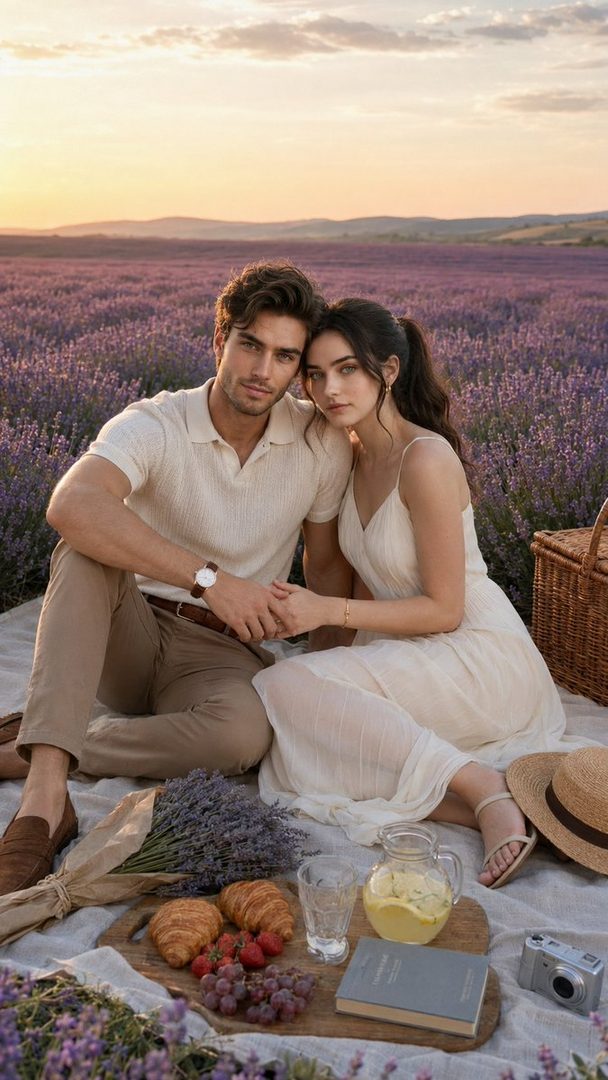 A romantic couple having a picnic in a lavender field at sunset, with a book, camera, and basket.