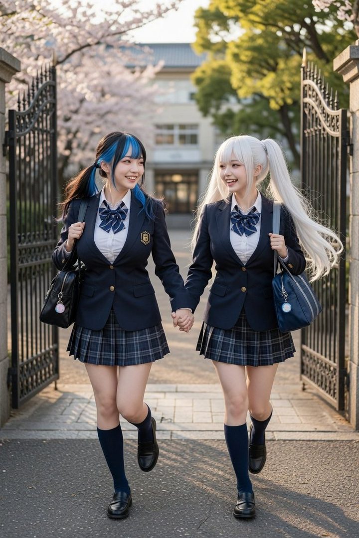 Two young women in school uniforms holding hands and smiling, walking on a campus path with cherry blossoms.