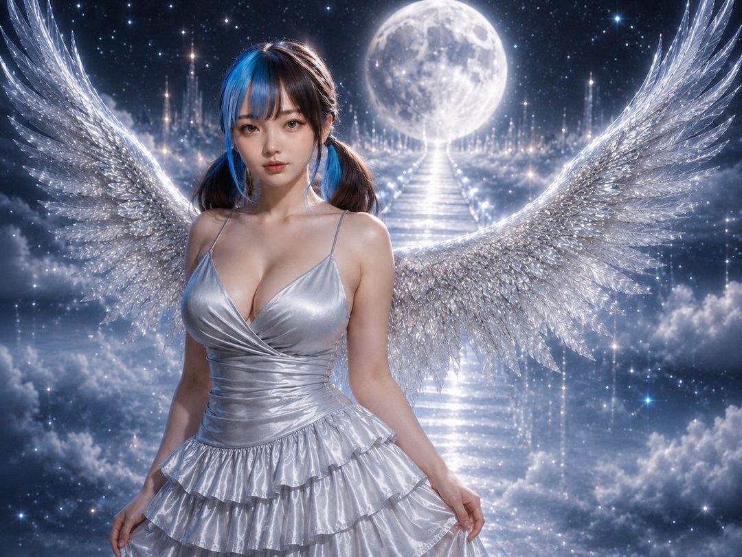 A beautiful AI-generated woman with large, sparkling angel wings, wearing a silver dress, stands against a backdrop of a starry night sky and a large moon.