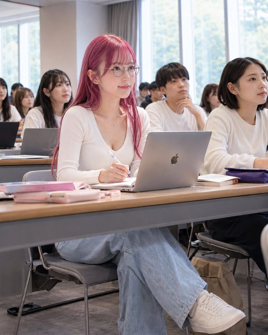 A young woman with pink hair and glasses sits at a desk in a classroom, taking notes on a laptop.