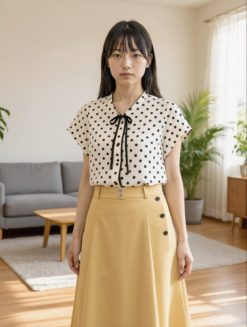 A young East Asian woman with long black hair, wearing a polka dot blouse and a yellow skirt, posing indoors.