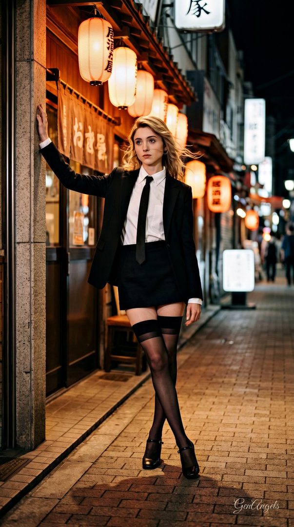 A woman in a black suit and tie stands on a Japanese street at night, illuminated by lanterns.