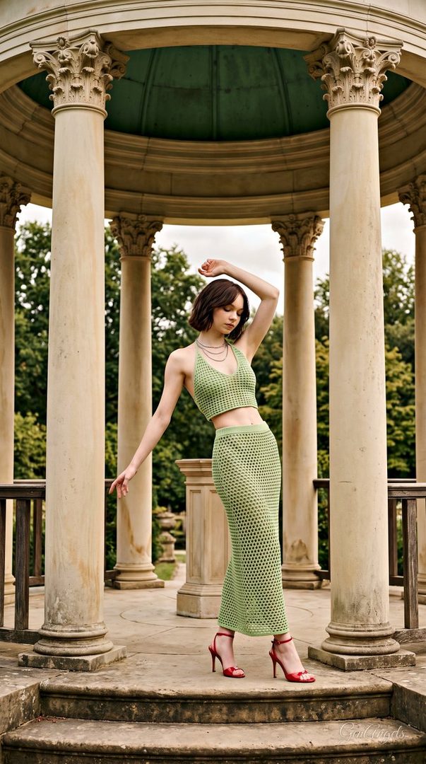 A young woman with short blonde hair and a green crochet outfit poses in a neoclassical garden temple.