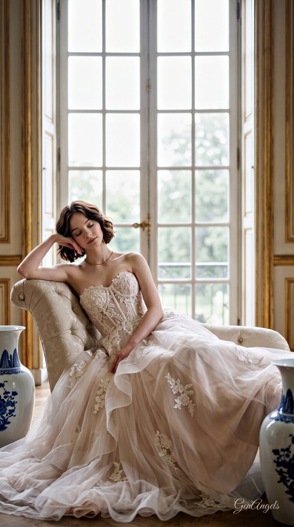 A woman in a strapless wedding dress reclines on a chaise lounge in a grand, sunlit room with large windows.