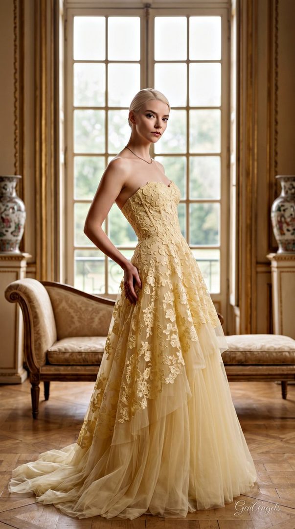 A woman in a yellow strapless gown poses elegantly in a grand, sunlit room with large windows and ornate furniture.