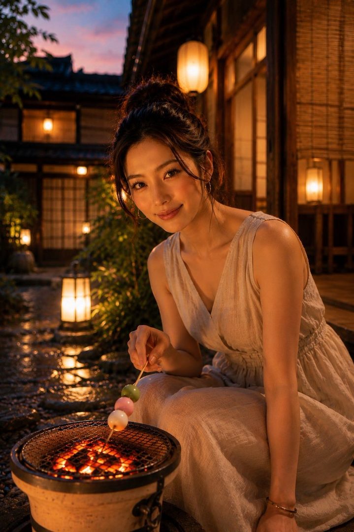 A young East Asian woman with her hair in a bun, wearing a light-colored dress, grills colorful dango over a charcoal grill in a traditional Japanese courtyard at dusk.
