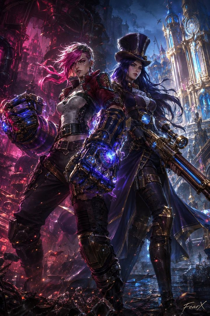 Two female characters, one with pink hair and a large mechanical fist, the other with long blue hair and a sniper rifle, stand in a detailed steampunk city.