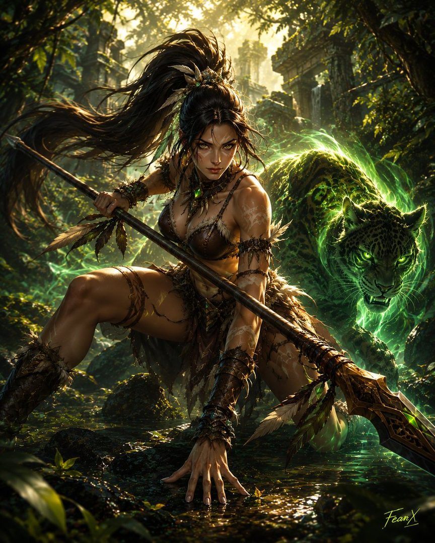 A fierce woman with a spear and a glowing green jaguar in a lush jungle setting.